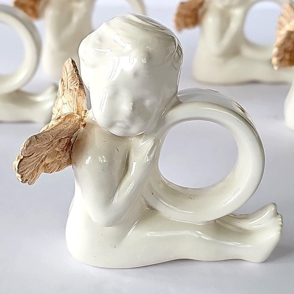 Vtg Ceramic Cherub Angel Napkin Rings Set 5 Gold Wings Cream Cottagecore Grandma
